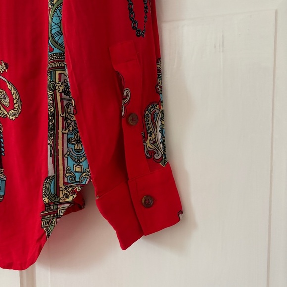 Anthropologie Maeve Size 2 Red Whimsy Printed Clock Sun Button Down Shirt Blouse - Picture 15 of 17